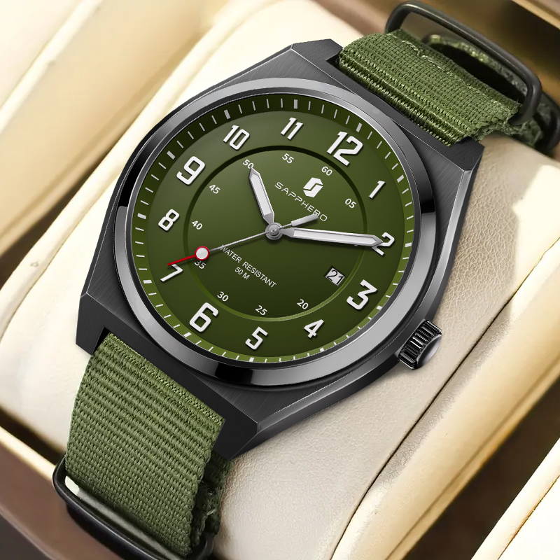 Tropic Strap Vintage - SAPPHERO Herren-Sport-Quarzuhr, Militärstil, grünes Zifferblatt, Datumsanzeige,